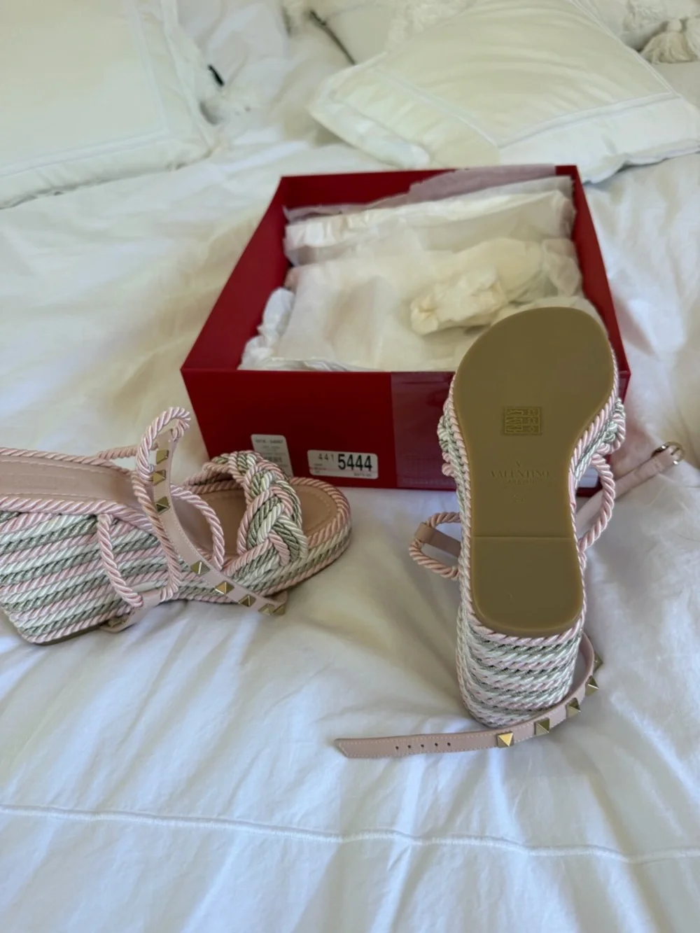 Valentino Pink Braided Rope Wedge Sandals with Gold Studs - Picture 4 of 8